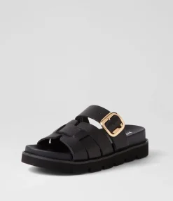 Hot Midas Shoes Cajali Black Leather Slides