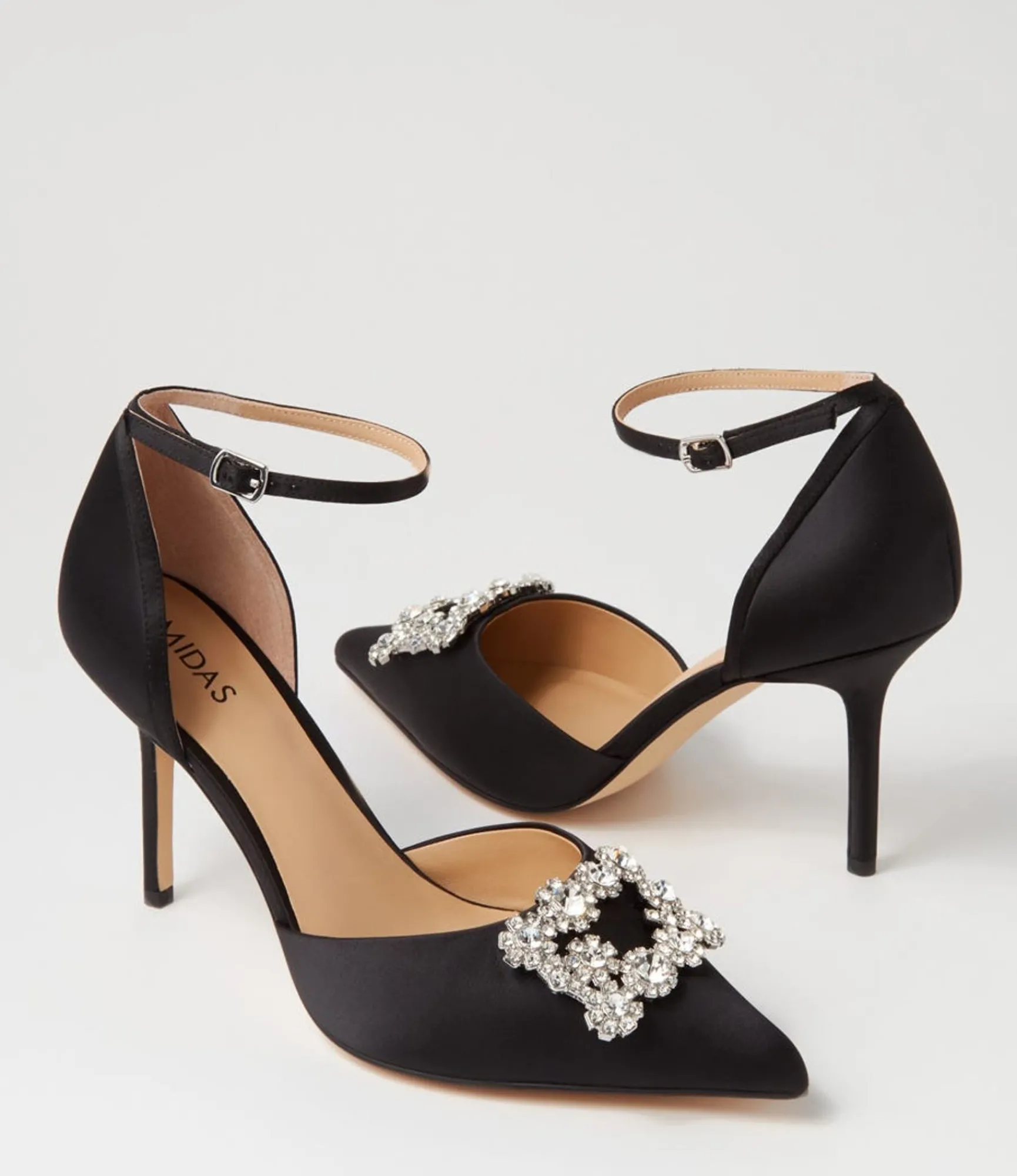 Store Midas Shoes Diarmond Black Satin Heels