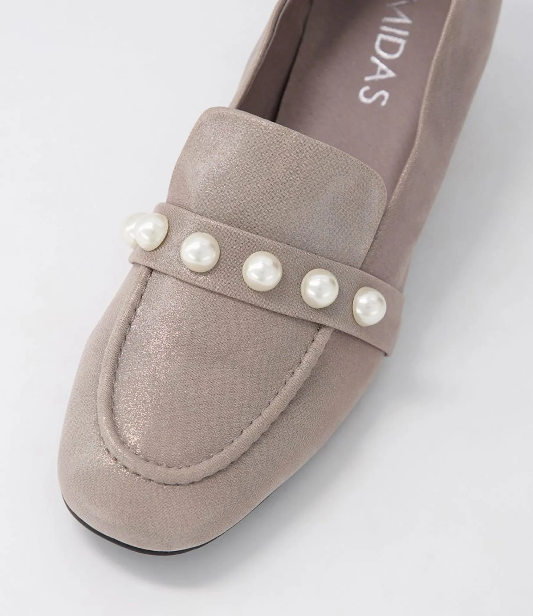Discount Midas Shoes Gilded Pewter Shimmer Leather Heels