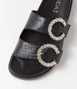 Sale Midas Shoes Renny Black Croc Leather Slides