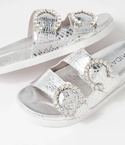 Cheap Midas Shoes Renny Silver Croc Leather Slides