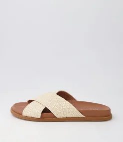 Fashion Midas Shoes Velena Natural Dark Tan Woven Leather Slides