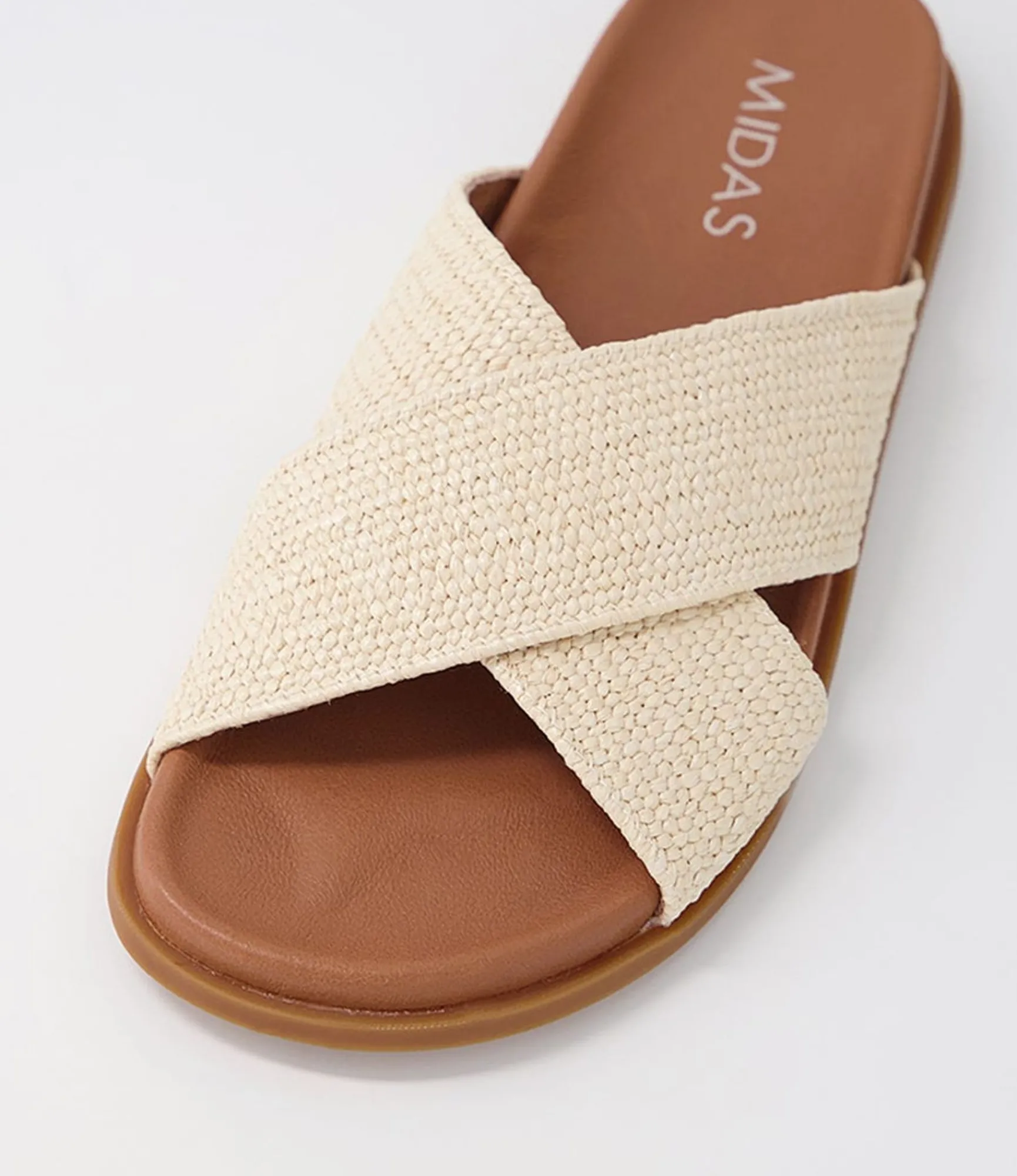 Fashion Midas Shoes Velena Natural Dark Tan Woven Leather Slides