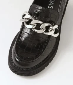Discount Midas Shoes Zuzu Black Croc Leather Heels